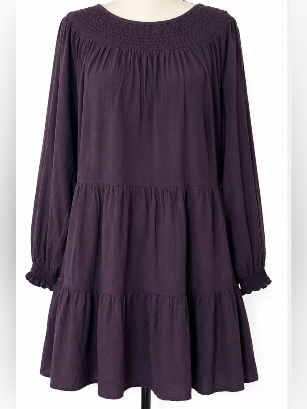 Cottagecore Old Navy Deep Plum Boho Tiered Peasant Dress Balloon Long Sleeve M